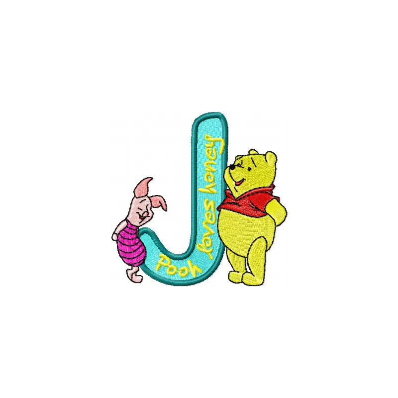 Winnie Pooh and Piglet Alphabet Letter J embroidery design featuring playful characters for creative stitching.