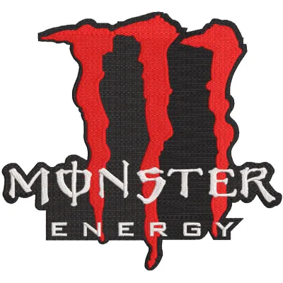 Embroidery design preview of the Monster Energy red logo, showcasing detailed stitching and vibrant colors.