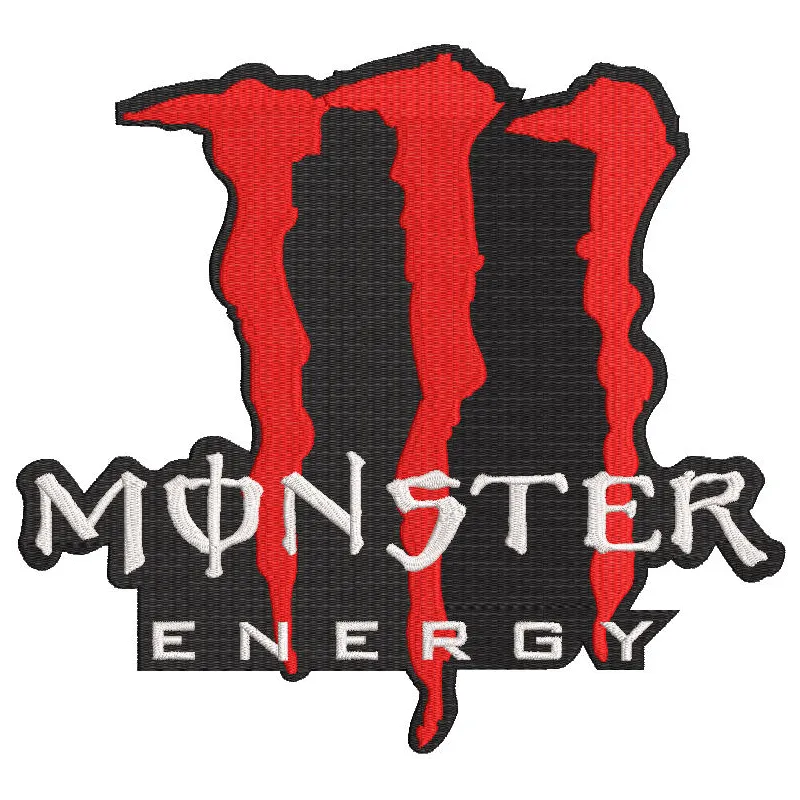 Embroidery design preview of the Monster Energy red logo, showcasing detailed stitching and vibrant colors.