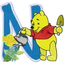 Preview of Pooh loving flowers Alphabet Letter N embroidery design for playful stitching projects.