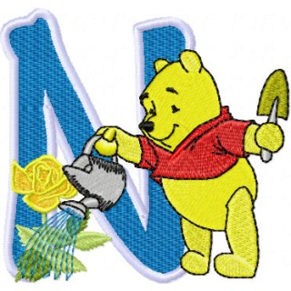 Pooh loving flowers Alphabet Letter N embroidery design - Embroidery Design