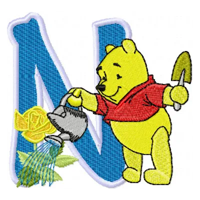 Preview of Pooh loving flowers Alphabet Letter N embroidery design for playful stitching projects.