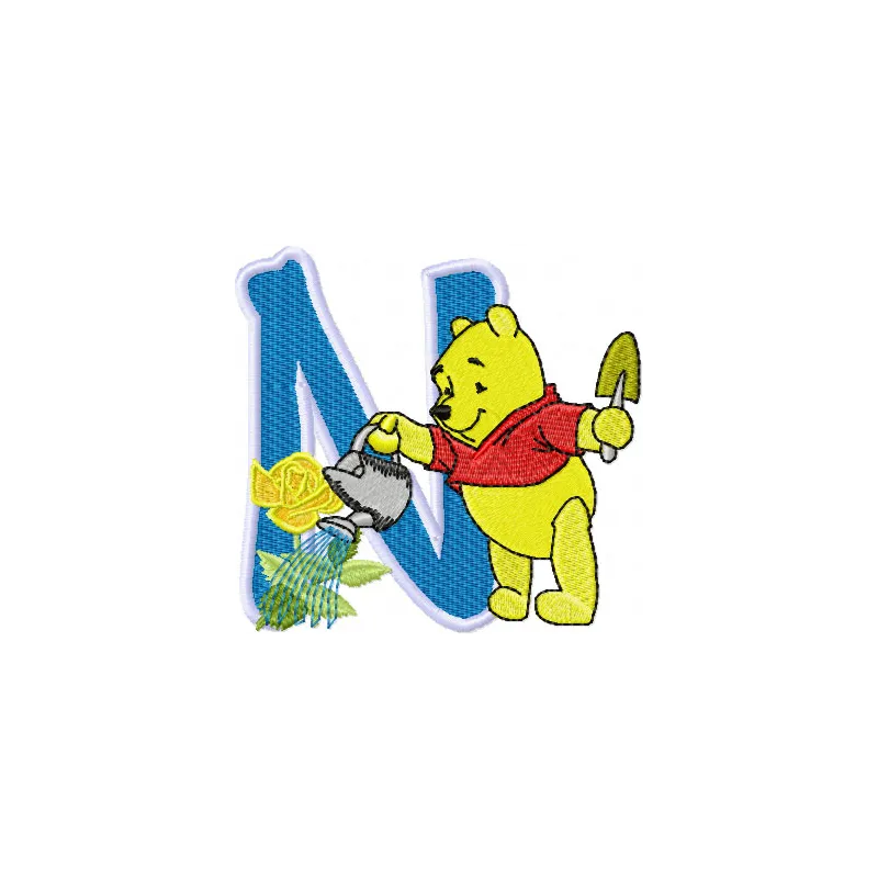 Preview of Pooh loving flowers Alphabet Letter N embroidery design for playful stitching projects.