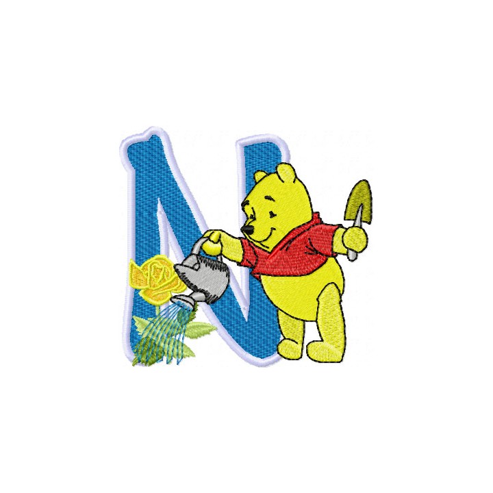 Pooh loving flowers Alphabet Letter N embroidery design - Embroidery Design
