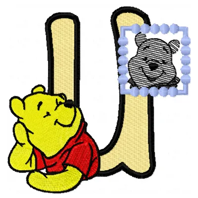 Winnie Pooh loves his portrait letter U embroidery design featuring playful and colorful stitching patterns.