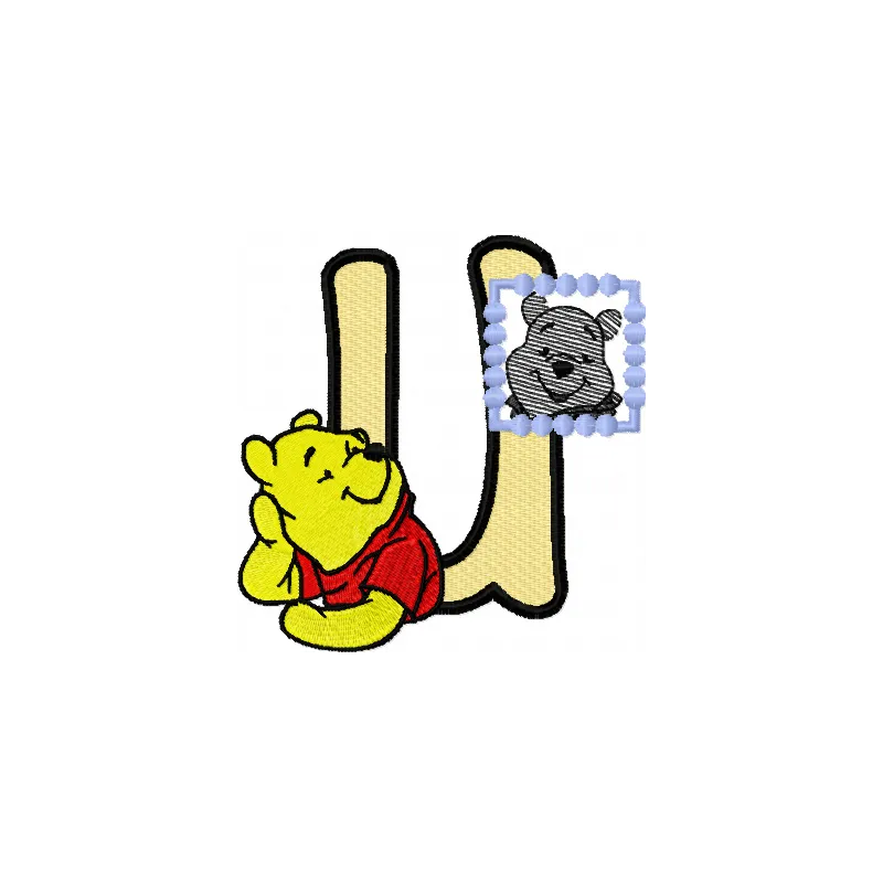 Winnie Pooh loves his portrait letter U embroidery design featuring playful and colorful stitching patterns.