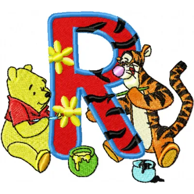 Winnie Pooh and Tigger painting Alphabet Letter R embroidery design for playful stitching projects.