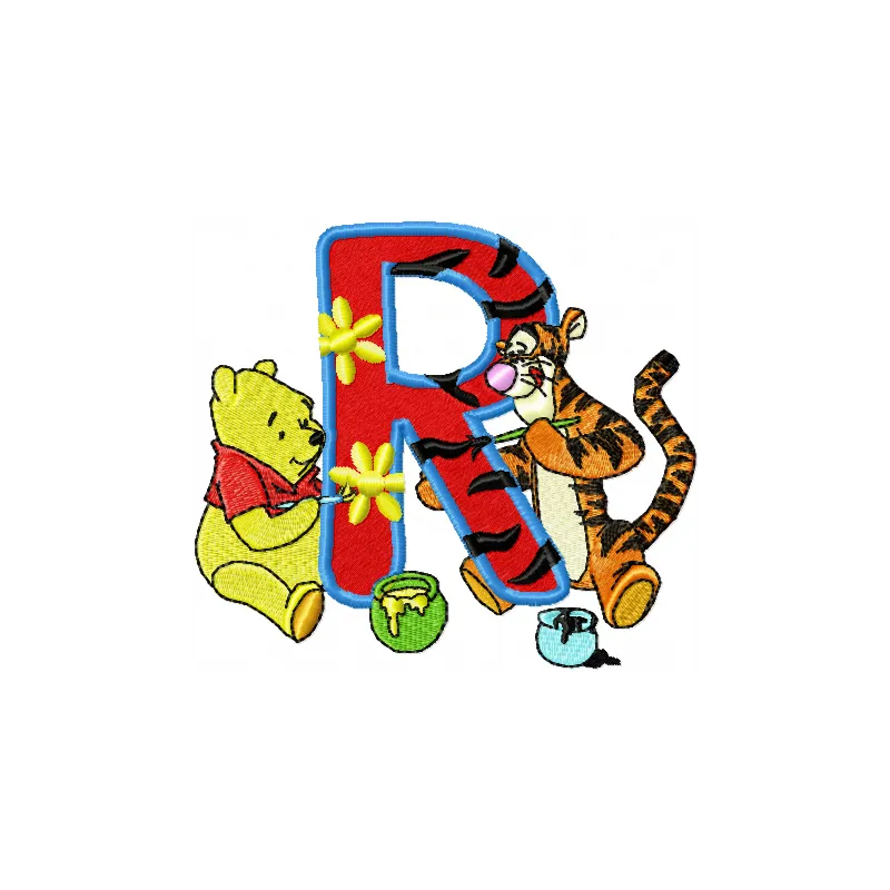 Winnie Pooh and Tigger painting Alphabet Letter R embroidery design for playful stitching projects.