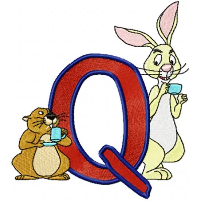 Rabbit and Gopher Alphabet Letter Q embroidery design featured in Pooh Numbers and Alphabet collection.