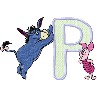 Eeyore and Piglet Alphabet Letter P embroidery design featuring whimsical characters for children's projects.