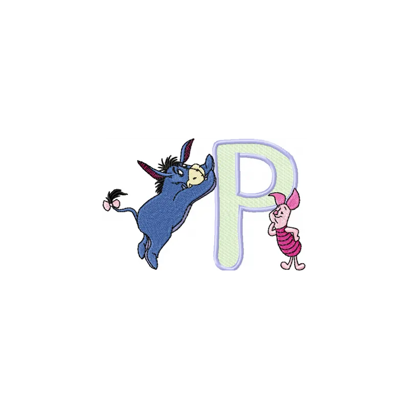 Eeyore and Piglet Alphabet Letter P embroidery design featuring whimsical characters for children's projects.