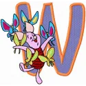 Embroidery design featuring Piglet with butterflies and the letter W, ideal for whimsical stitching projects.