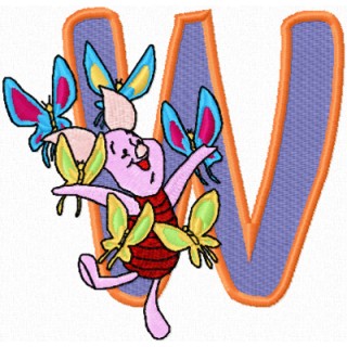Piglet love butterflies letter W embroidery design - Embroidery Design