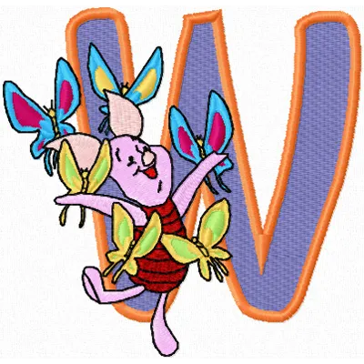 Embroidery design featuring Piglet with butterflies and the letter W, ideal for whimsical stitching projects.