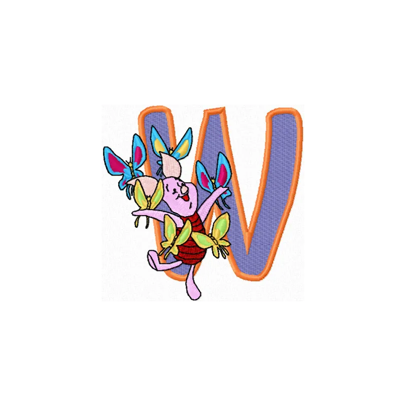 Embroidery design featuring Piglet with butterflies and the letter W, ideal for whimsical stitching projects.