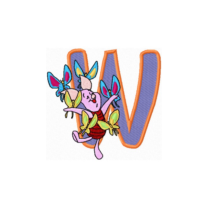 Piglet love butterflies letter W embroidery design - Embroidery Design