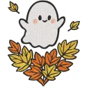 Embroidery design preview of a cute ghost surrounded by autumn leaves for Halloween projects.