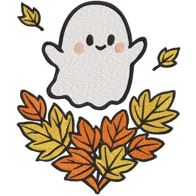 Embroidery design preview of a cute ghost surrounded by autumn leaves for Halloween projects.