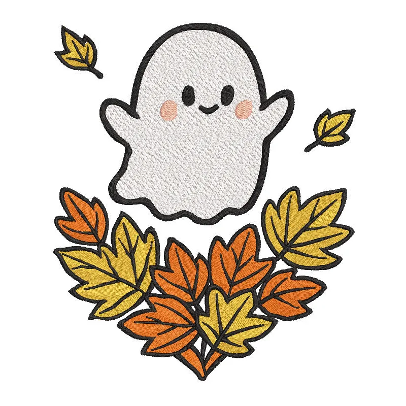 Embroidery design preview of a cute ghost surrounded by autumn leaves for Halloween projects.