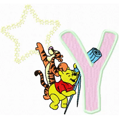 Winnie Pooh and Tigger gazing at the moon in a whimsical letter Y embroidery design for creative projects.
