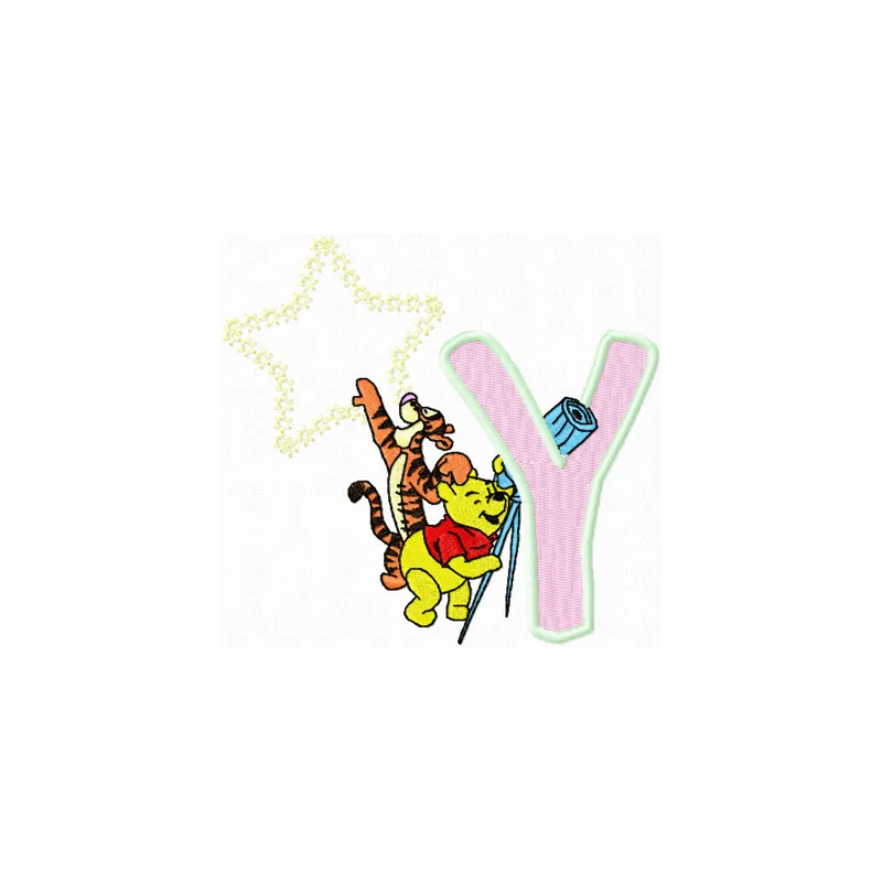 Winnie Pooh and Tigger gazing at the moon in a whimsical letter Y embroidery design for creative projects.