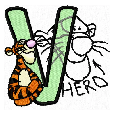 Tigger Hero letter V embroidery design featuring playful character for fun stitching projects.