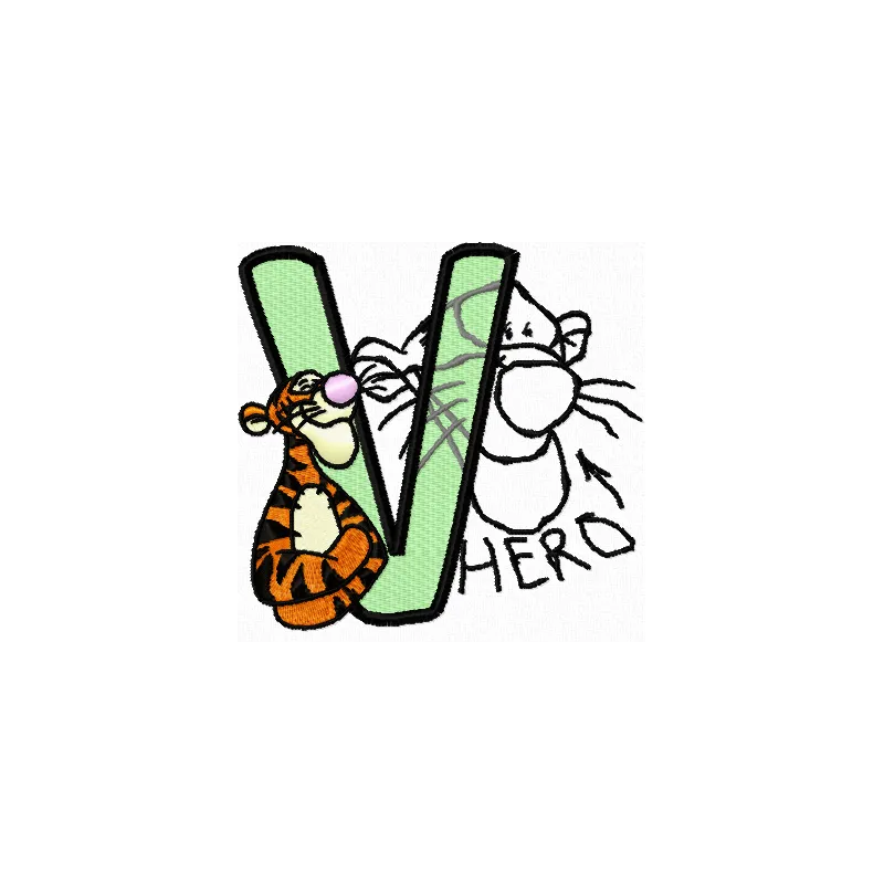 Tigger Hero letter V embroidery design featuring playful character for fun stitching projects.