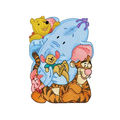 Winnie the Pooh and friends embroidery design featuring Tigger, Heffalump, Roo, and Piglet for creative projects.