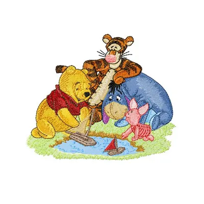 Winnie Pooh, Tigger, Eeyore, and Piglet embroidery design featuring beloved characters in vibrant stitching patterns.