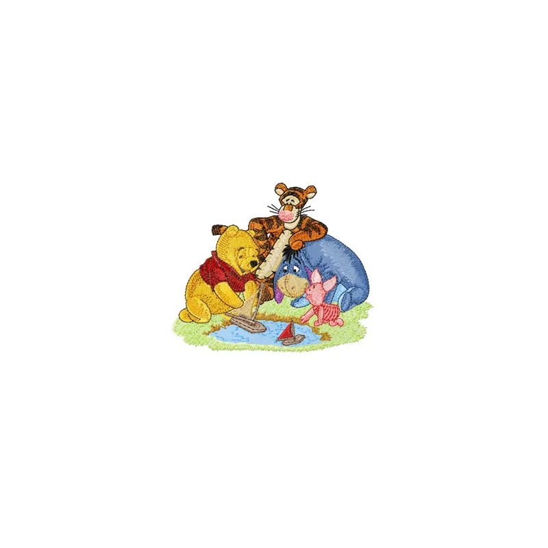 Winnie Pooh, Tigger, Eeyore, and Piglet embroidery design featuring beloved characters in vibrant stitching patterns.
