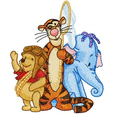 Adorable Winnie Pooh, Tigger, and Heffalump embroidery design for stitching on children's apparel and accessories.