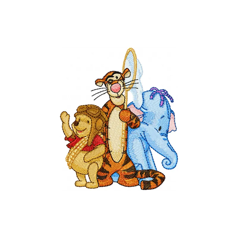 Adorable Winnie Pooh, Tigger, and Heffalump embroidery design for stitching on children's apparel and accessories.