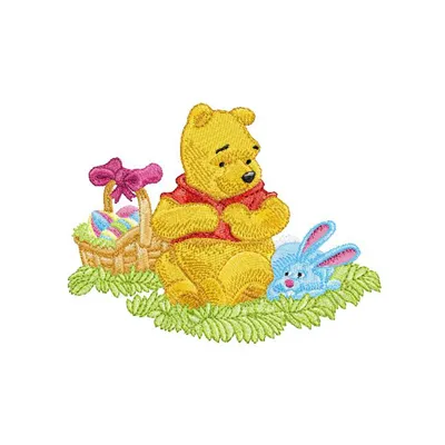 Winnie Pooh and Easter Bunny embroidery design featuring playful characters, perfect for festive stitching projects.