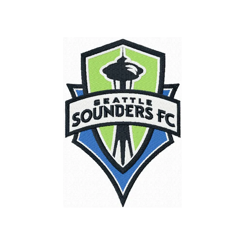 Seattle Sounders FC logo embroidery design featuring vibrant colors, ideal for stitching on sports apparel.