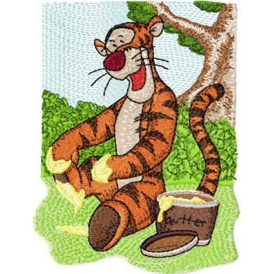 Preview of Tigger and butter embroidery design featuring playful characters, perfect for stitching on apparel and gifts.