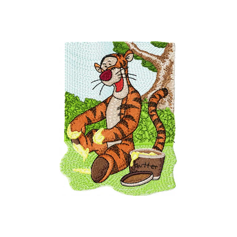 Preview of Tigger and butter embroidery design featuring playful characters, perfect for stitching on apparel and gifts.