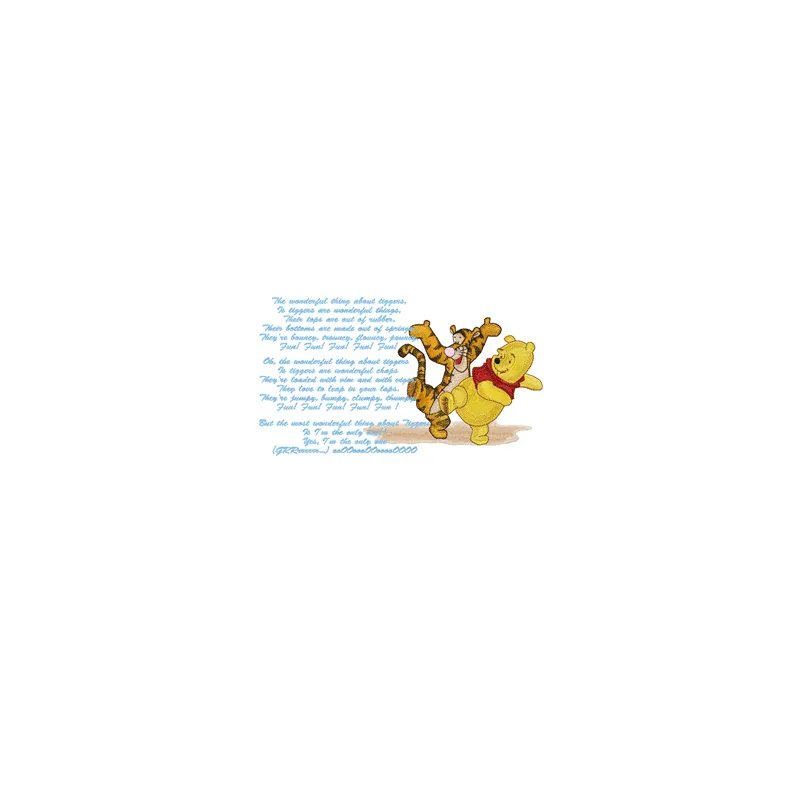 Embroidery design featuring Winnie Pooh and Tigger singing a song, ideal for children’s apparel and gifts.