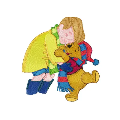 Embroidery design featuring Christopher Robin and Winnie Pooh, perfect for stitching on children's apparel and accessories.