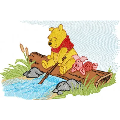 Winnie Pooh to the river embroidery design showcasing Pooh and friends, perfect for t-shirts and baby onesies.