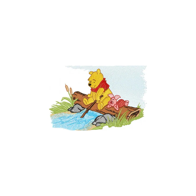 Winnie Pooh to the river embroidery design showcasing Pooh and friends, perfect for t-shirts and baby onesies.