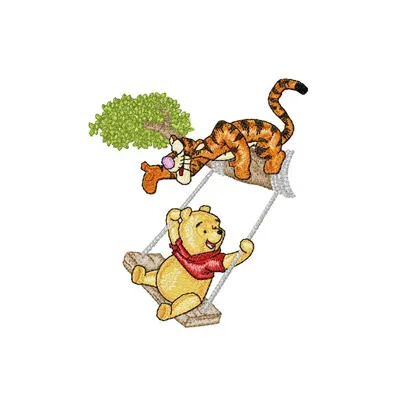 Winnie Pooh and Tigger swinging embroidery design featuring playful characters for delightful stitching projects.