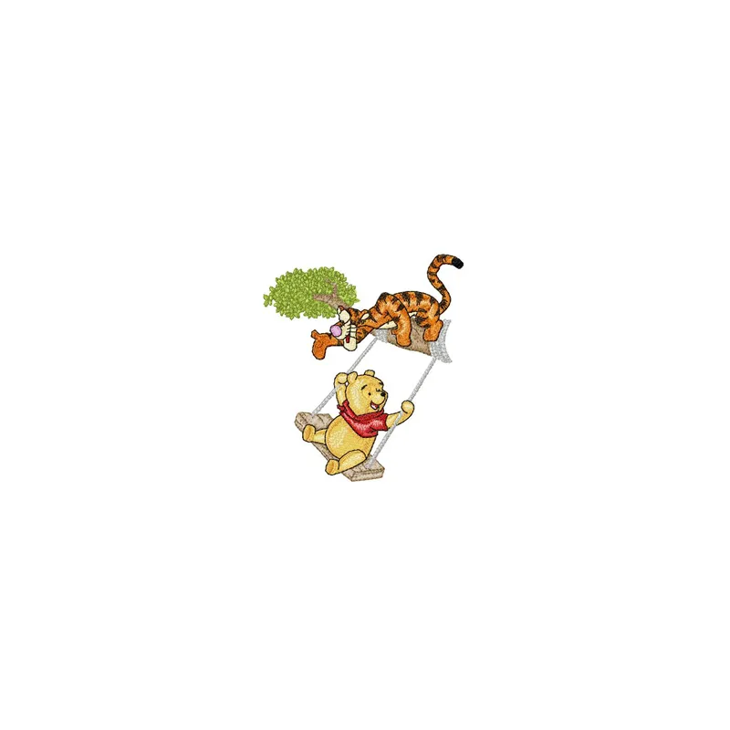 Winnie Pooh and Tigger swinging embroidery design featuring playful characters for delightful stitching projects.