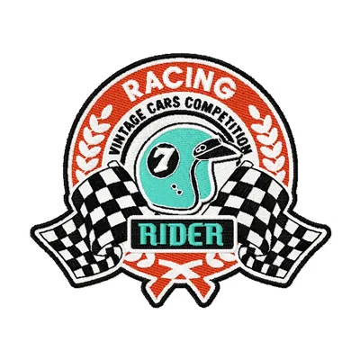 Vintage racing label embroidery design showcasing retro automotive themes for creative stitching projects.