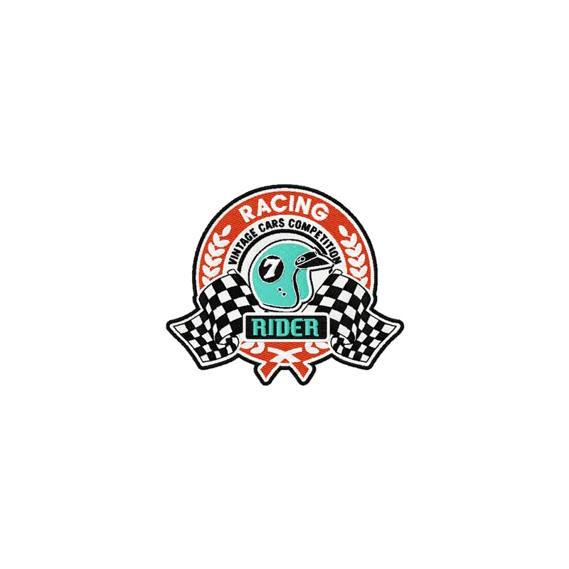 Vintage racing label embroidery design showcasing retro automotive themes for creative stitching projects.