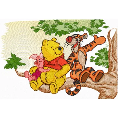 Embroidery design featuring Winnie Pooh and Tigger in a playful conversation, ideal for children's apparel and gifts.