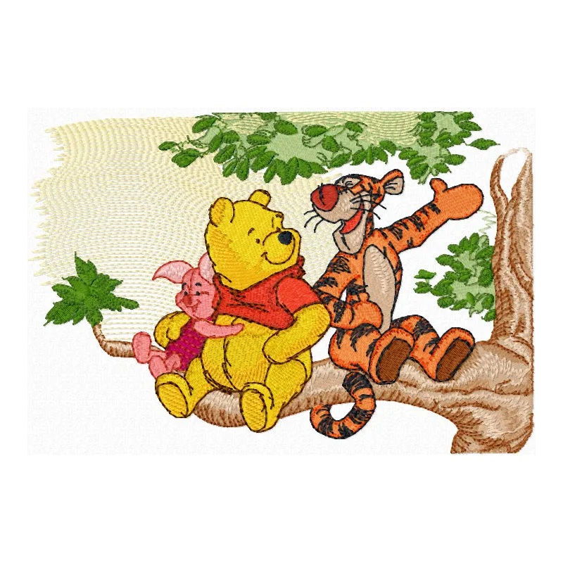 Embroidery design featuring Winnie Pooh and Tigger in a playful conversation, ideal for children's apparel and gifts.