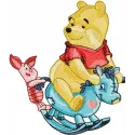 Winnie Pooh and Piglet riding a rocking horse embroidery design for stitching on baby onesies or pillows.