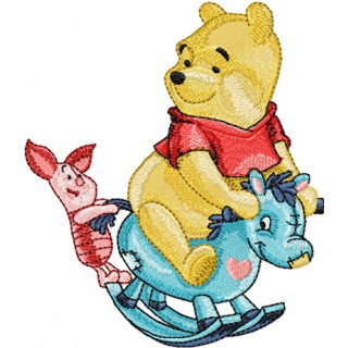 Winnie Pooh and Piglet riding Rocking Horse embroidery design - Embroidery Design
