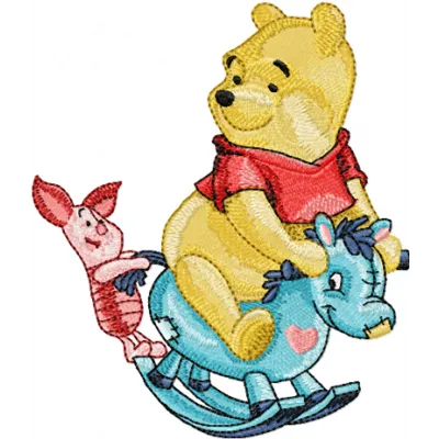 Winnie Pooh and Piglet riding a rocking horse embroidery design for stitching on baby onesies or pillows.