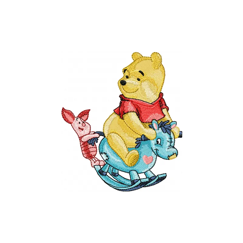 Winnie Pooh and Piglet riding a rocking horse embroidery design for stitching on baby onesies or pillows.